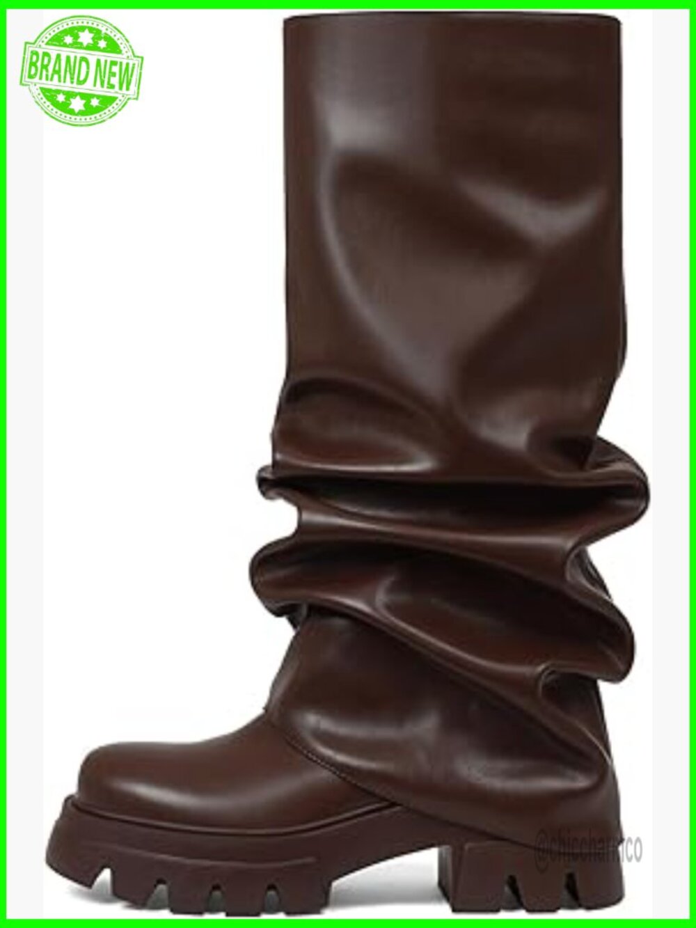 Fold Over Slouchy Wide Calf Platform Boots Chunky Heel Mid Calf